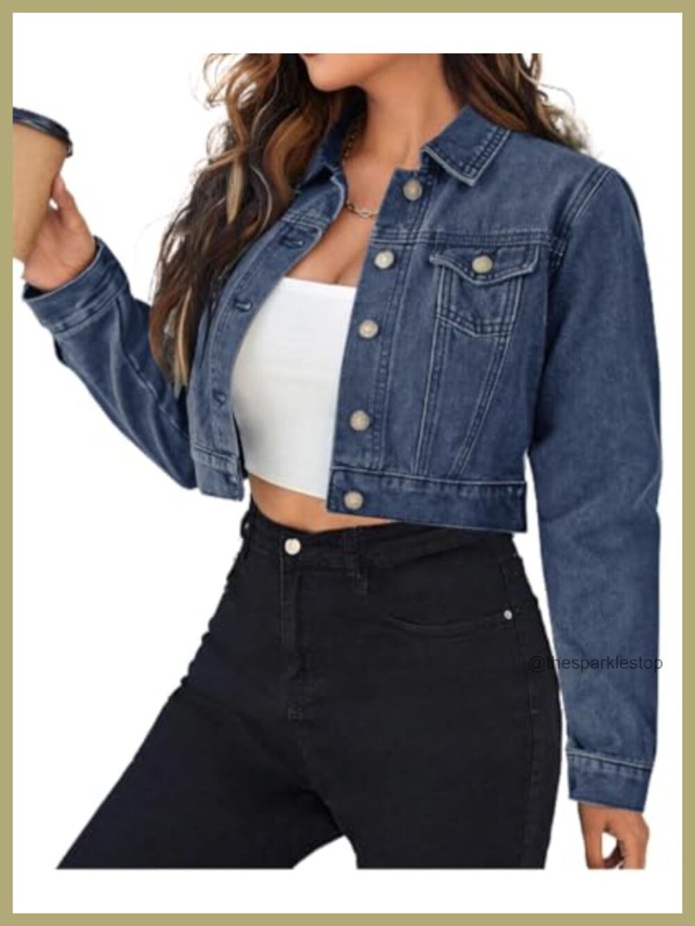 Women's Cropped Denim Jacket Long Sleeve Button Down 100% Cotton Casual